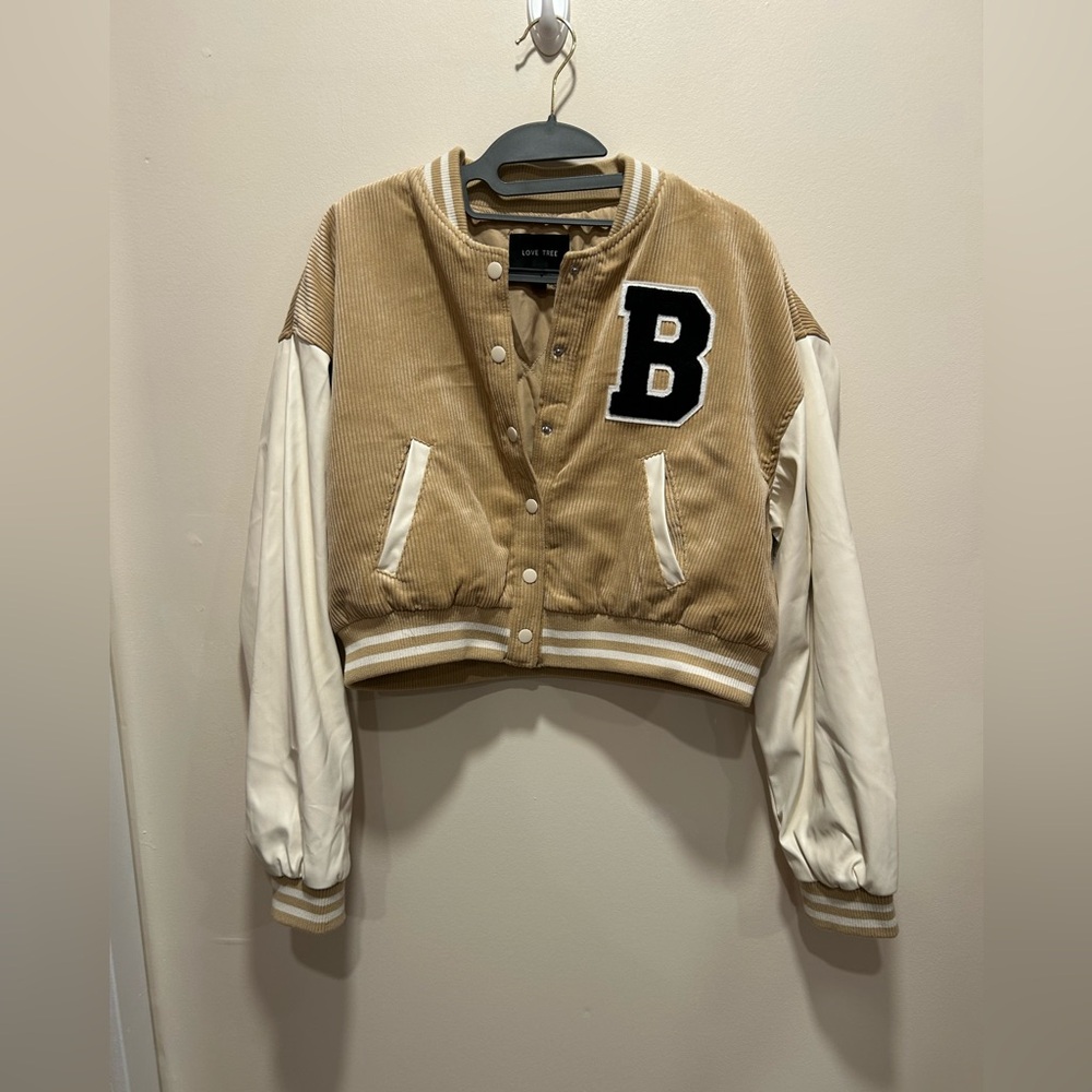 Love Tree Tan and Cream Varsity Jacket